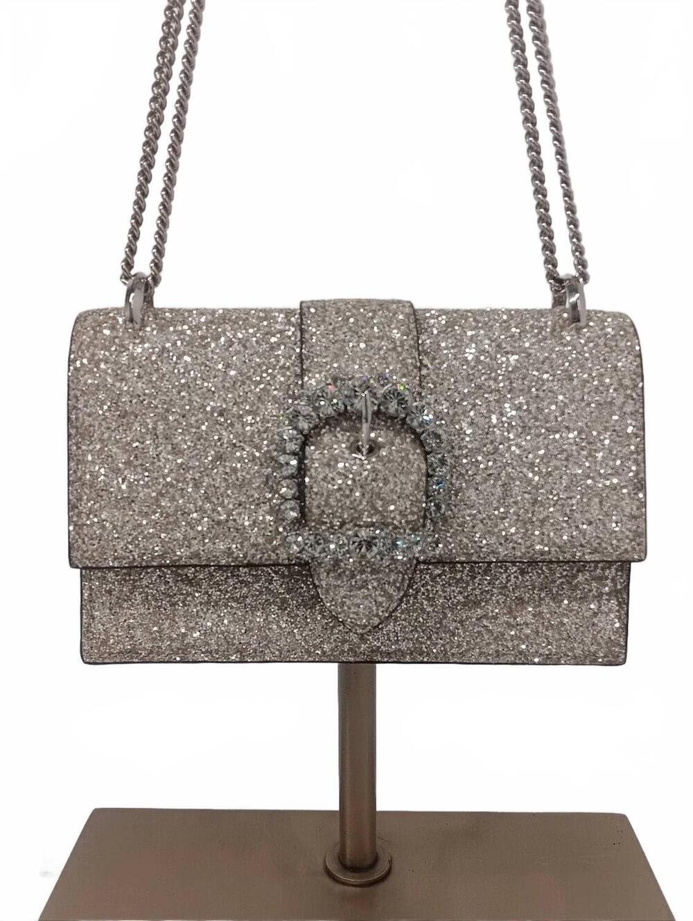 NEW JIMMY CHOO women's cheri crystal embellished glitter crossbody bag in silver